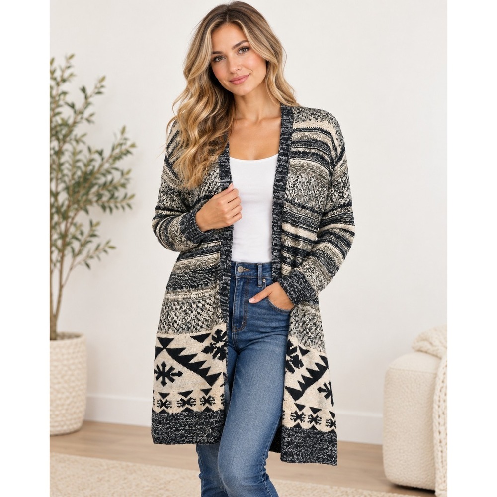 Kate & Sam Women's Medium Long Cardigan Cream Southwestern Boho Aztec Knit